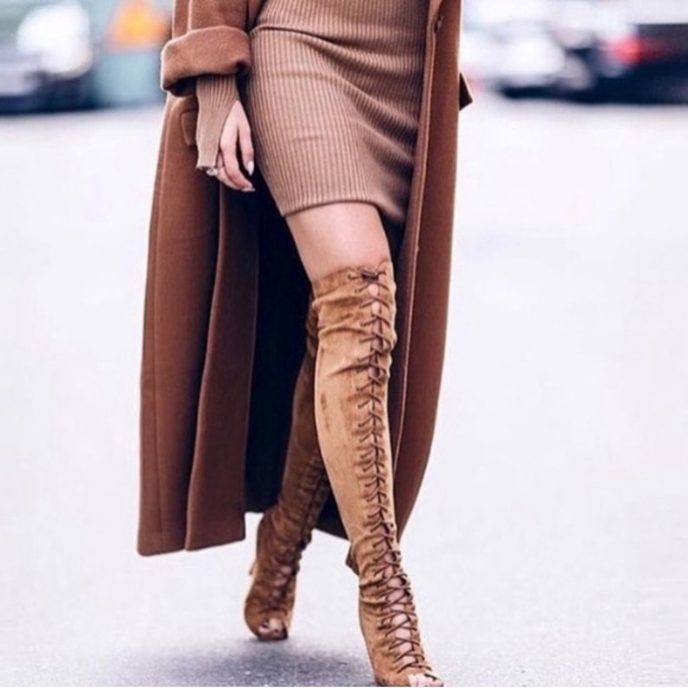 Breckelle's Womens Faux Suede Lace Up Back Cut Out Thigh High Boot